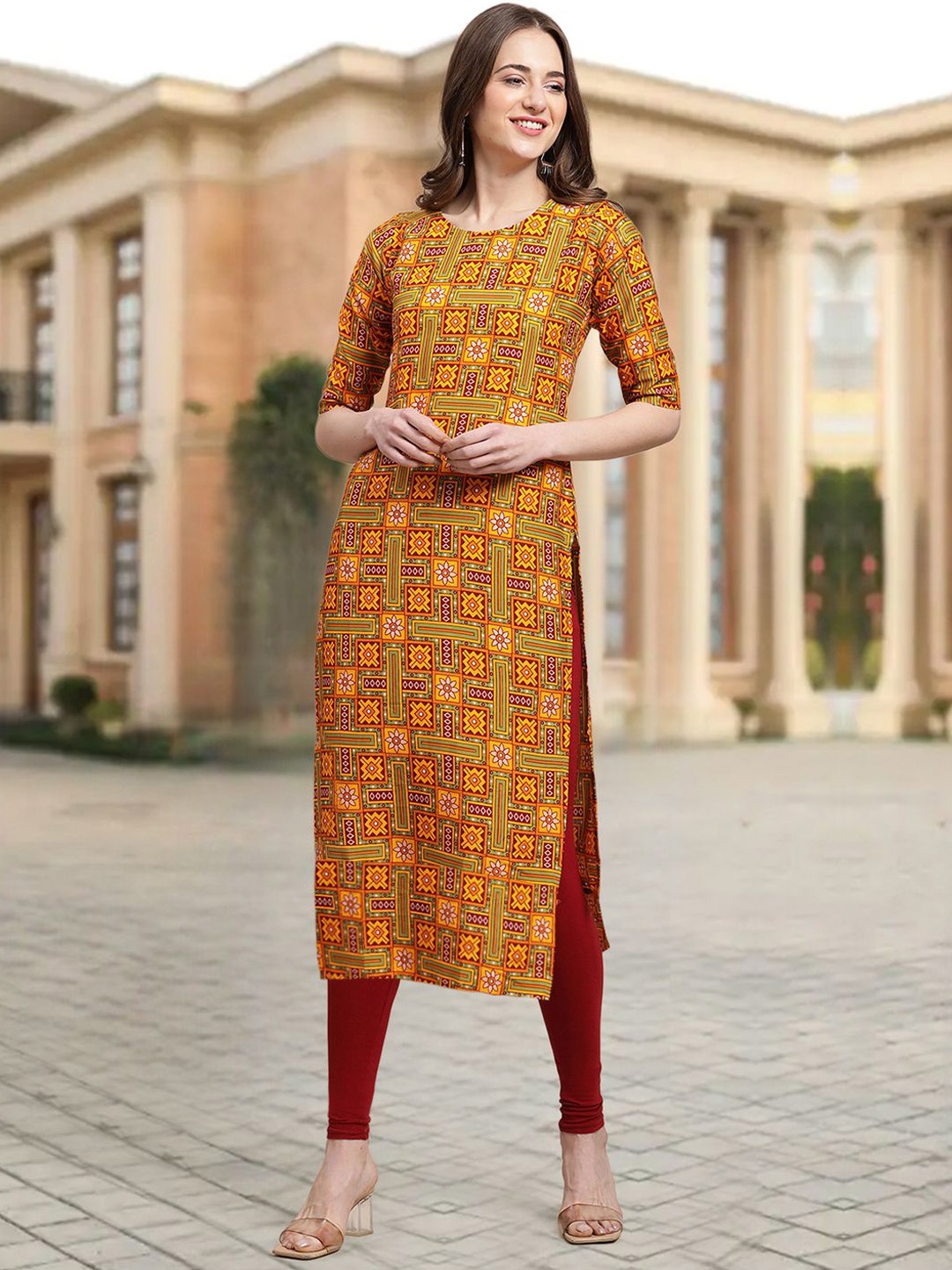 

7Threads Ethnic Motifs Printed Round Neck Straight Kurta, Mustard