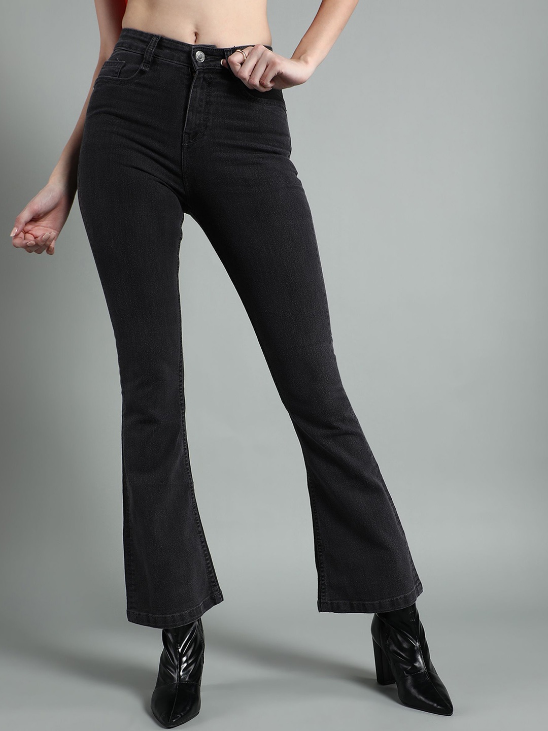 

Mast & Harbour Women Bootcut High-Rise Low Distress Stretchable Jeans, Black