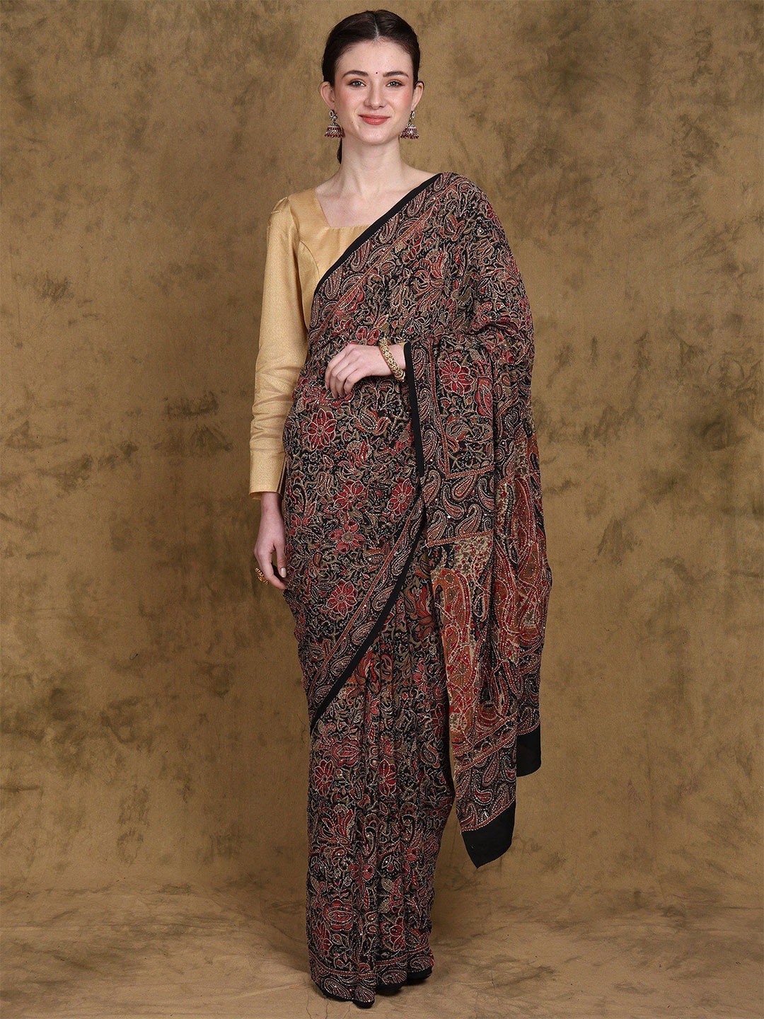 

Exotic India Floral Paisley Printed Crepe Saree with All over Kantha & Sequins Embroidery, Black