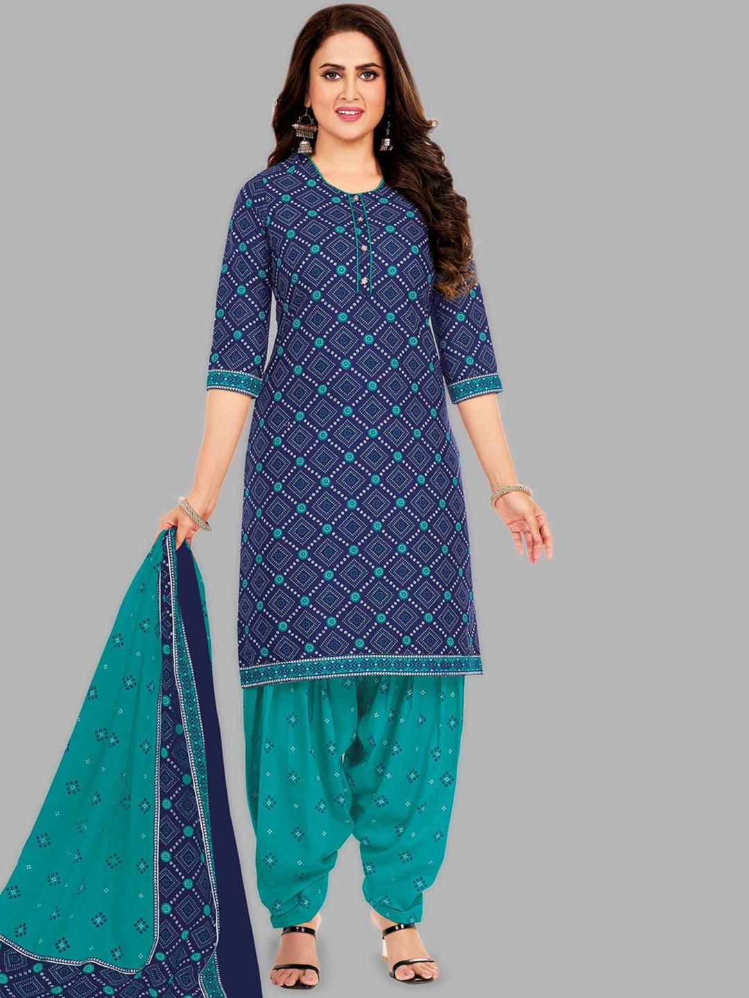 

shree jeenmata Bandhani Printed Pure Cotton Unstitched Dress Material, Blue