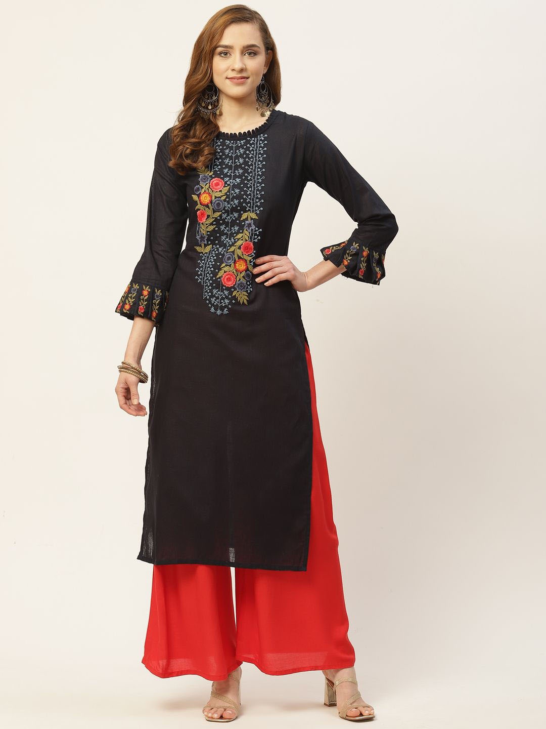 

INDYES Floral Embroidered Round Neck Bell Sleeves Pure Cotton Kurta, Black