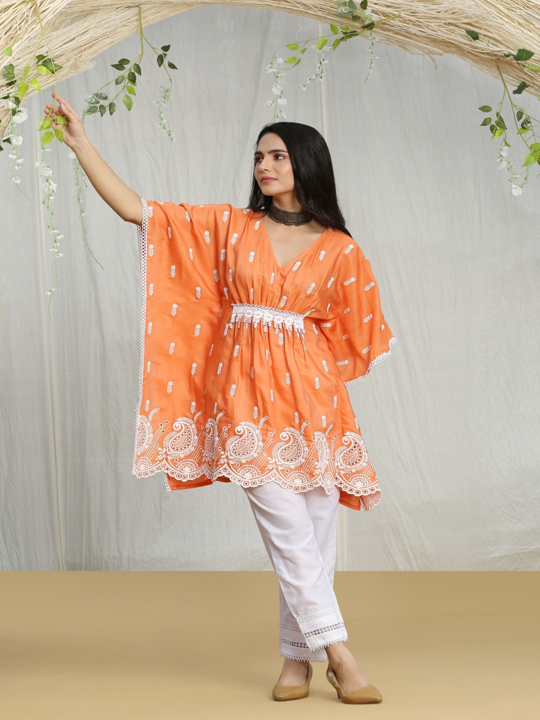 

SEW Floral Embroidered V-Neck Cotton Empire Kaftan Kurta, Orange