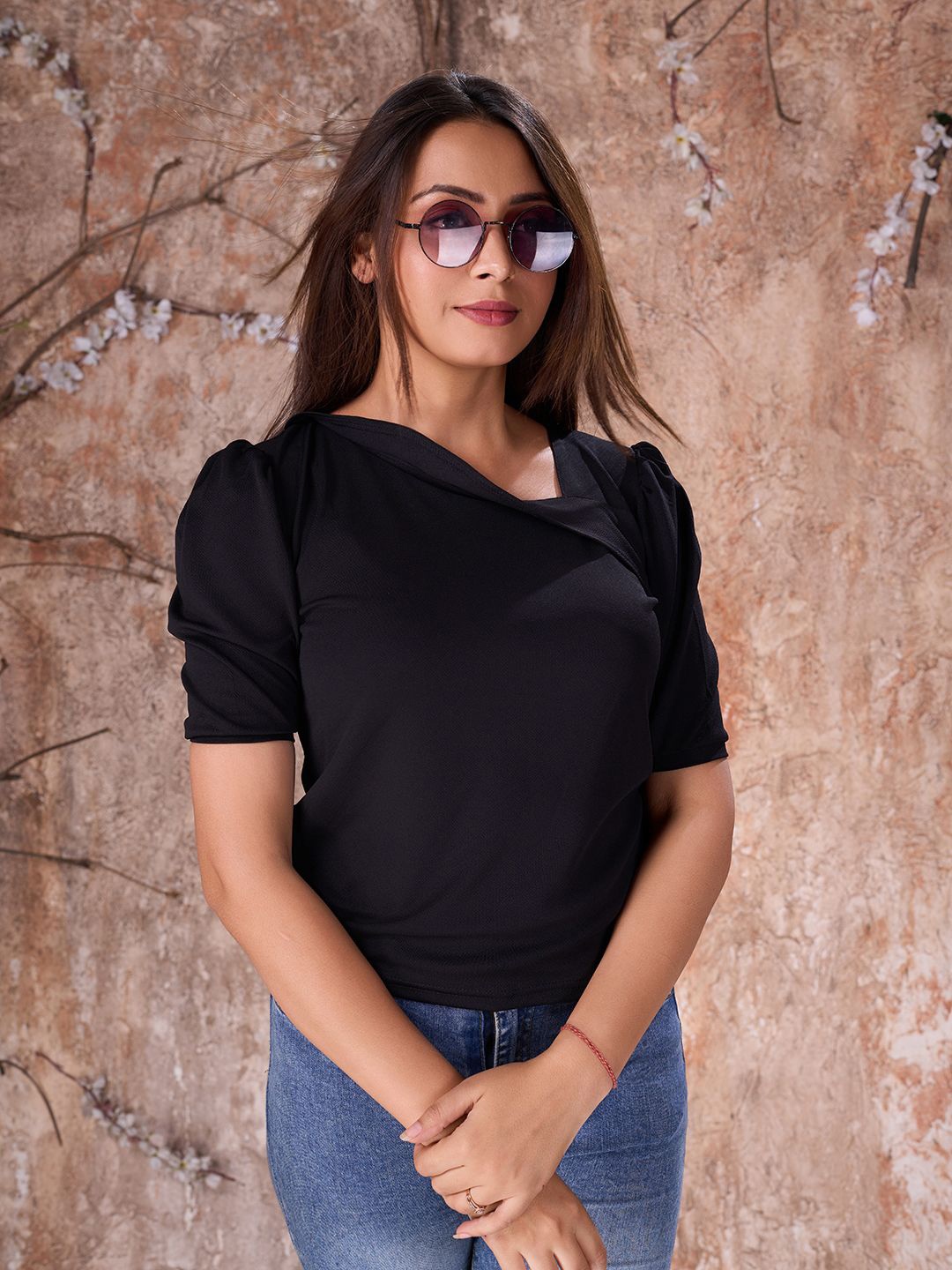

Fashion FRICKS Women Halter Neck Puff Sleeve Crop Top, Black