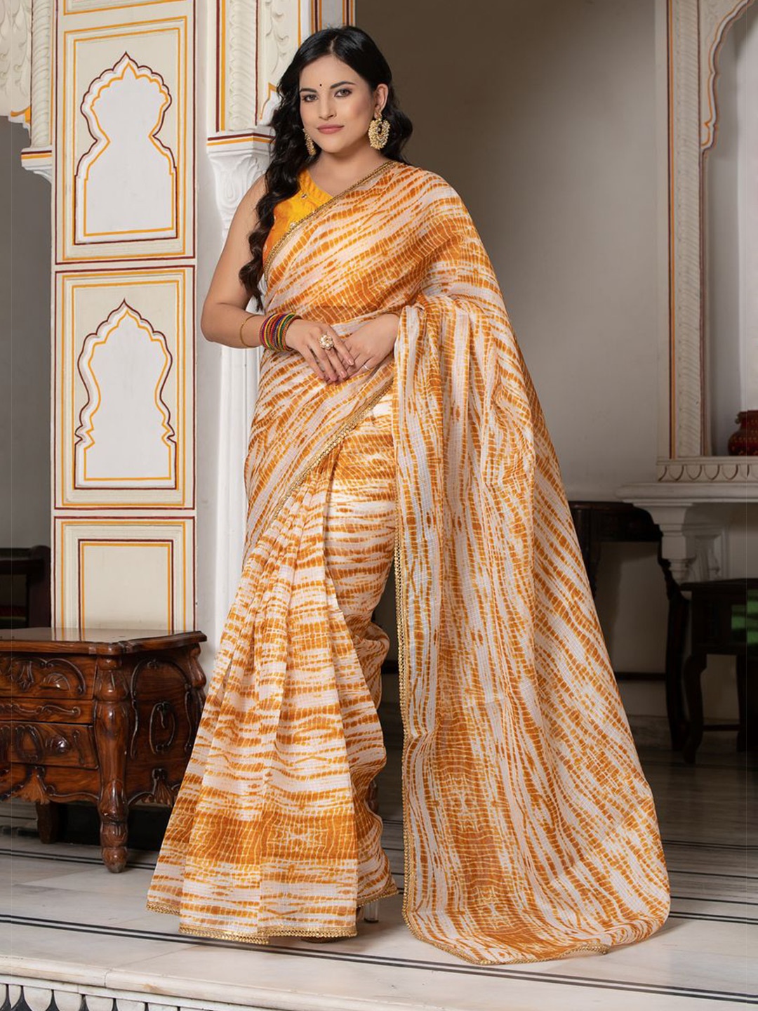 

Indi INSIDE Tie and Dye Printed Embellished Beads and Stones Kota Saree, Mustard