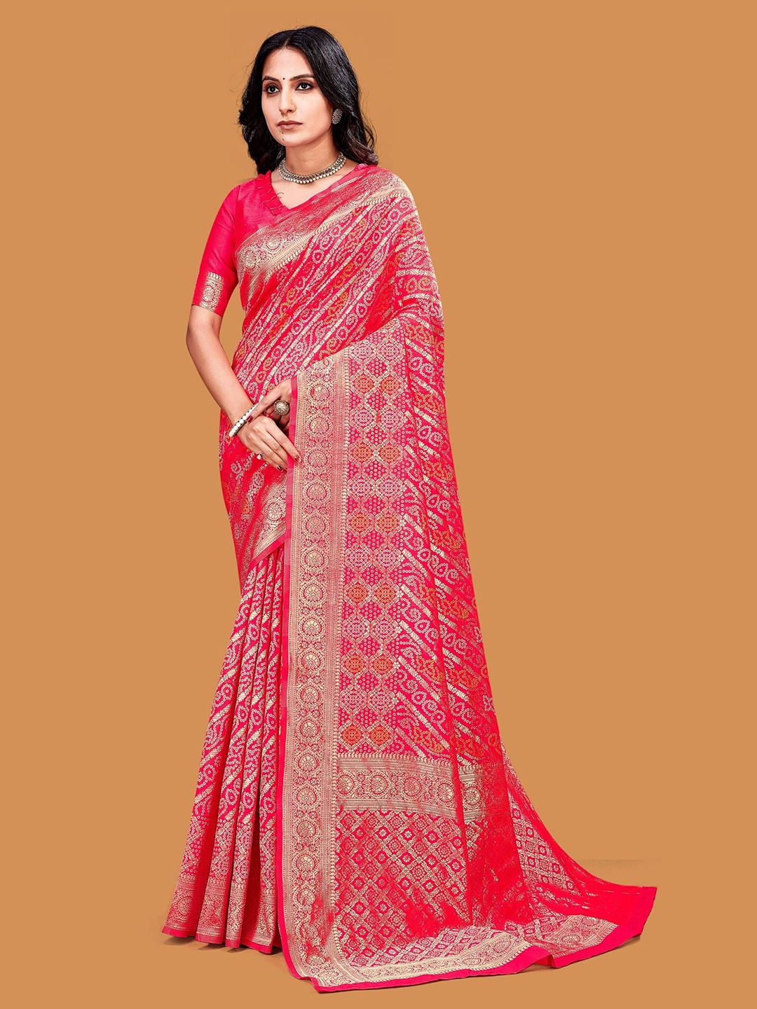 

MUSKAN CREATION Woven Design Zari Kanjeevaram Saree, Pink