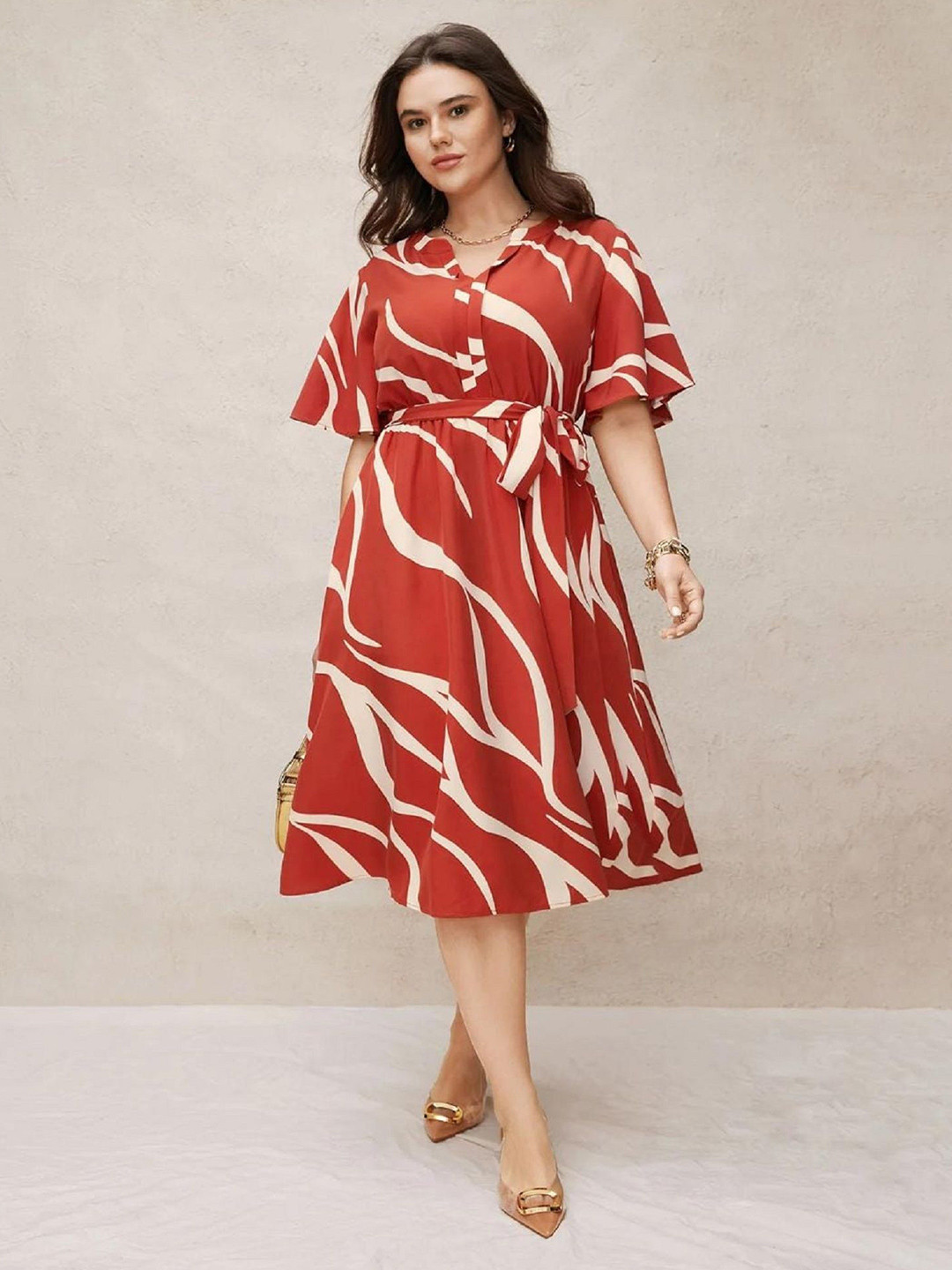 

JAIPURFAME Print Flared Sleeve A-Line Midi Dress, Red