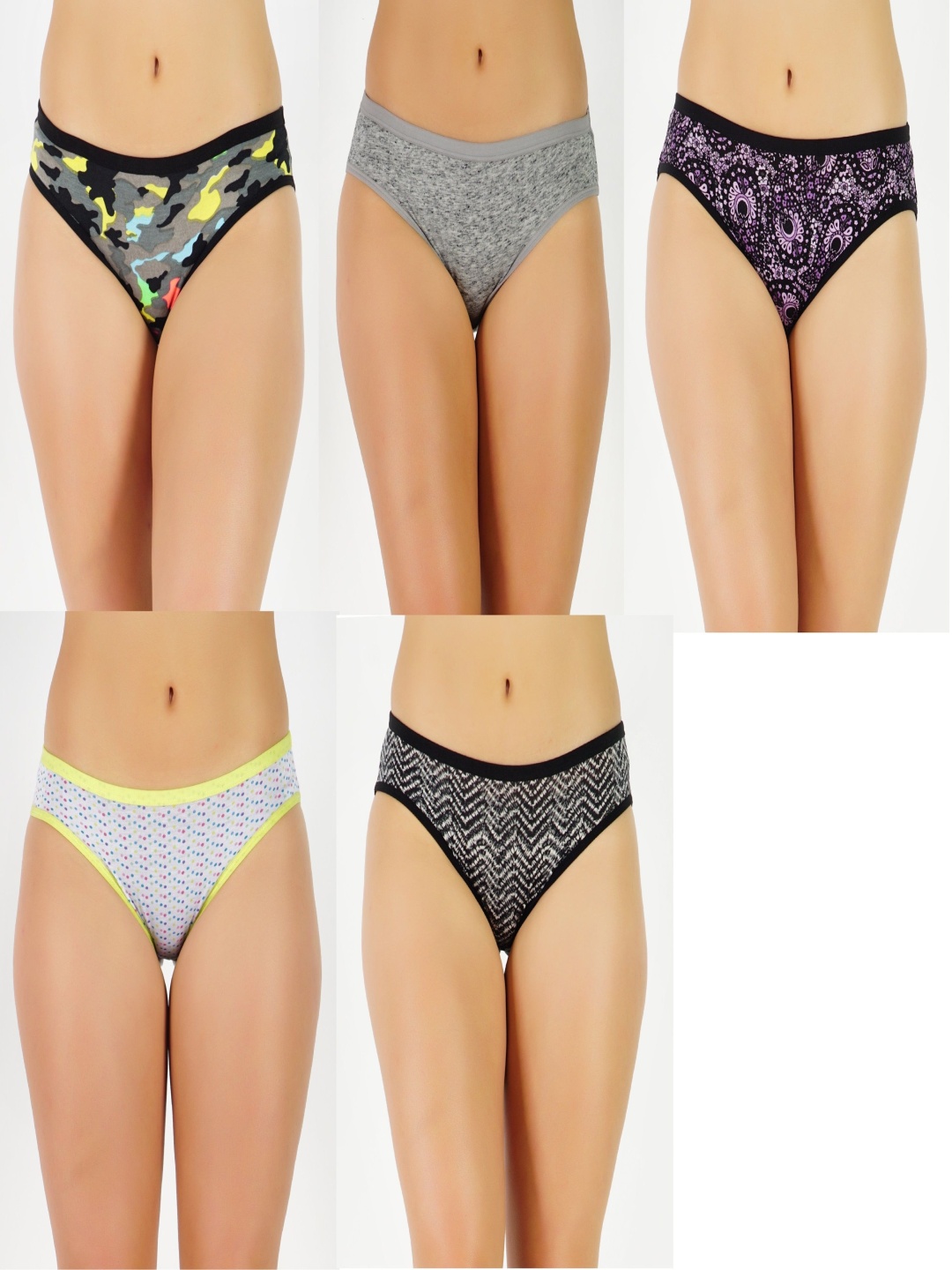 

GOTO Women Pack Of 5 Mid Rise Bikini Briefs Cotton-Print-penty Army Pur Grey Whit Zig 5ps