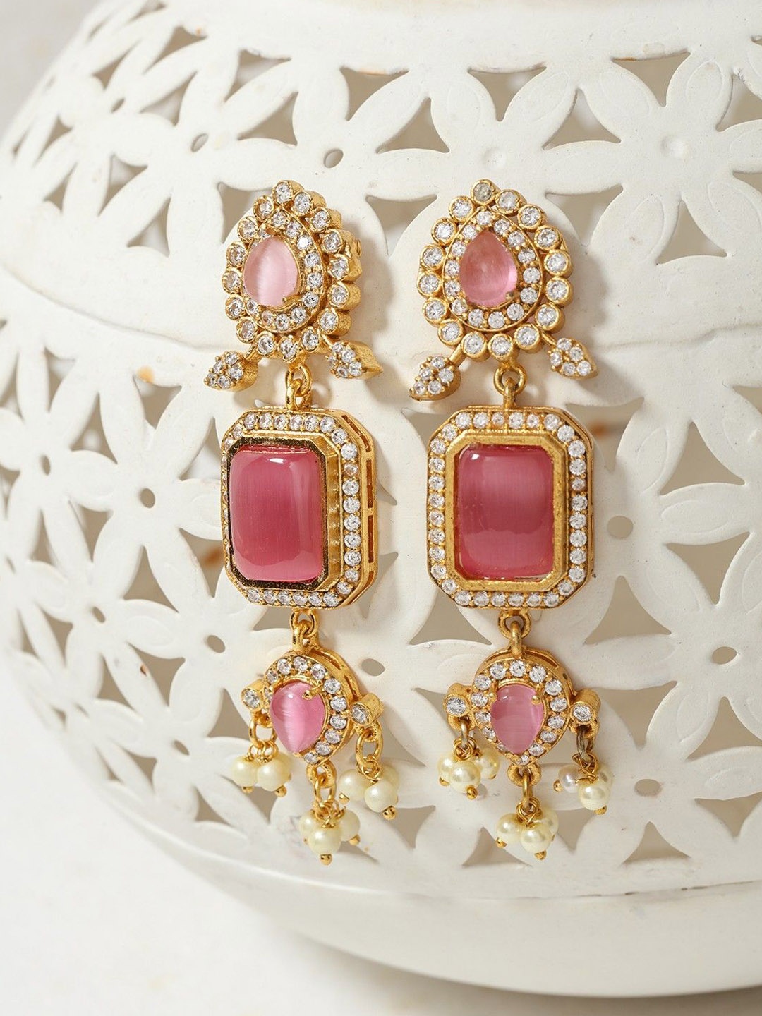 

House of Pataudi Kundan Stones Studded Contemporary Shaped Drop Earrings, Gold