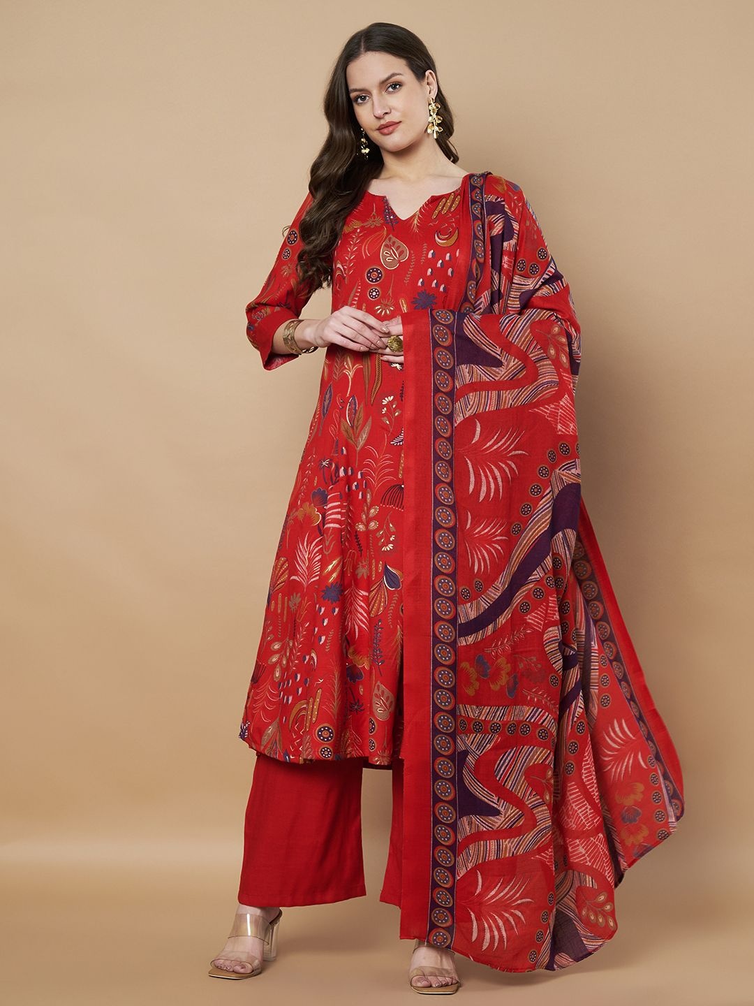 

Poshak Hub Floral Printed A-Line Kurta with Palazzos & Dupatta, Red