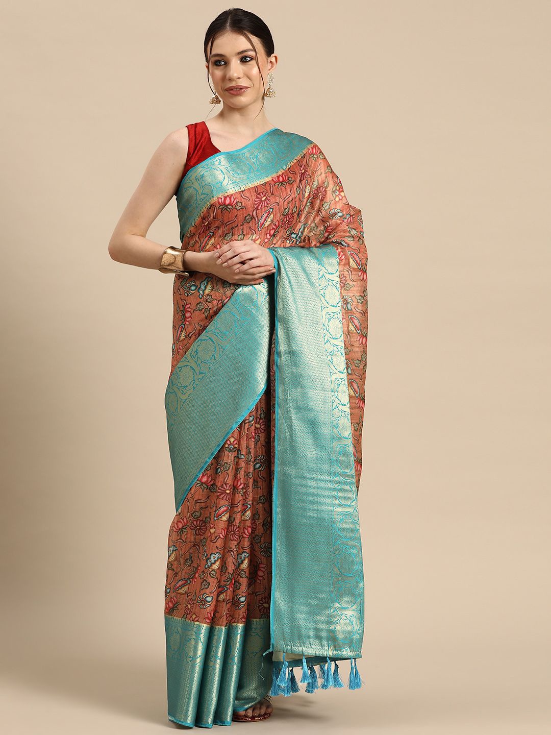 

DIVASTRI Pichwai Munga Checks Silk Digital Printed Saree With Woven Pallu & Border, Peach