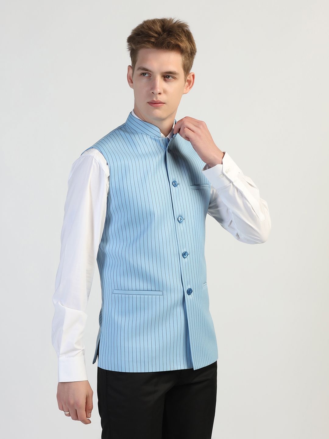 

PTAHVO Striped Mandarin Collar Nehru Jacket, Blue