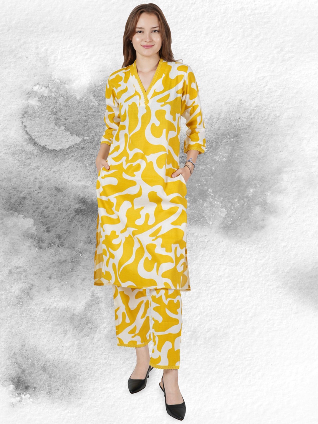 

NEYSA Abstract Printed V Neck Pure Cotton Tunic And Trouser, Yellow