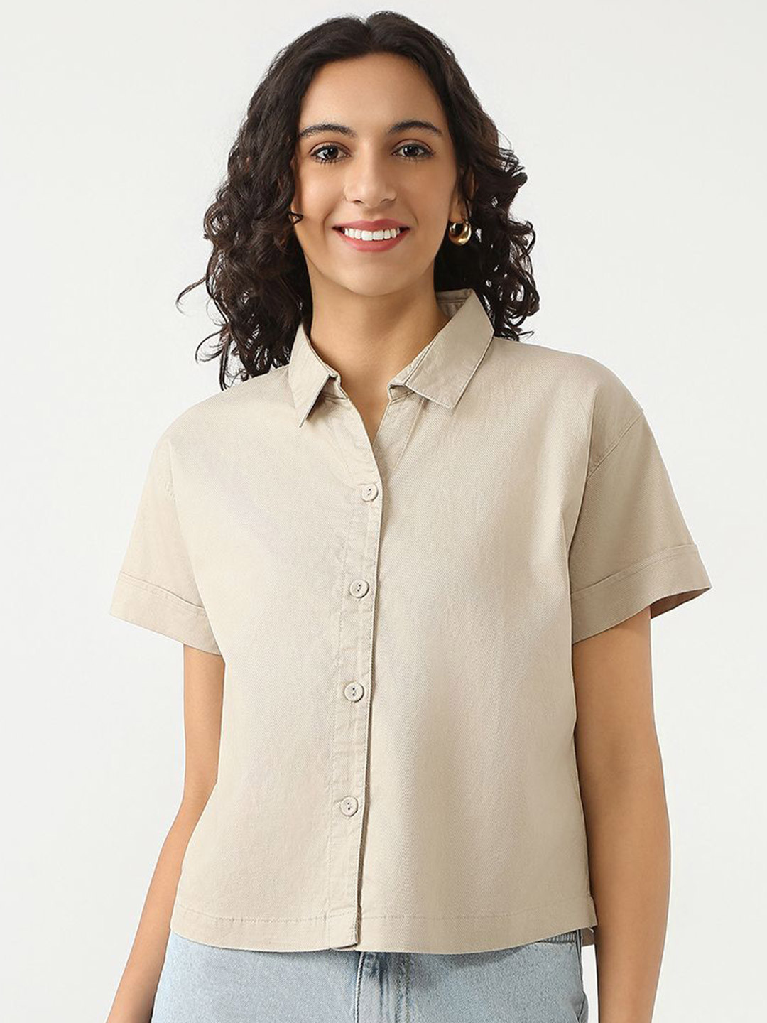 

Kraus Jeans Women Slim Fit Spread Collar Solid Cotton Casual Shirt, Beige