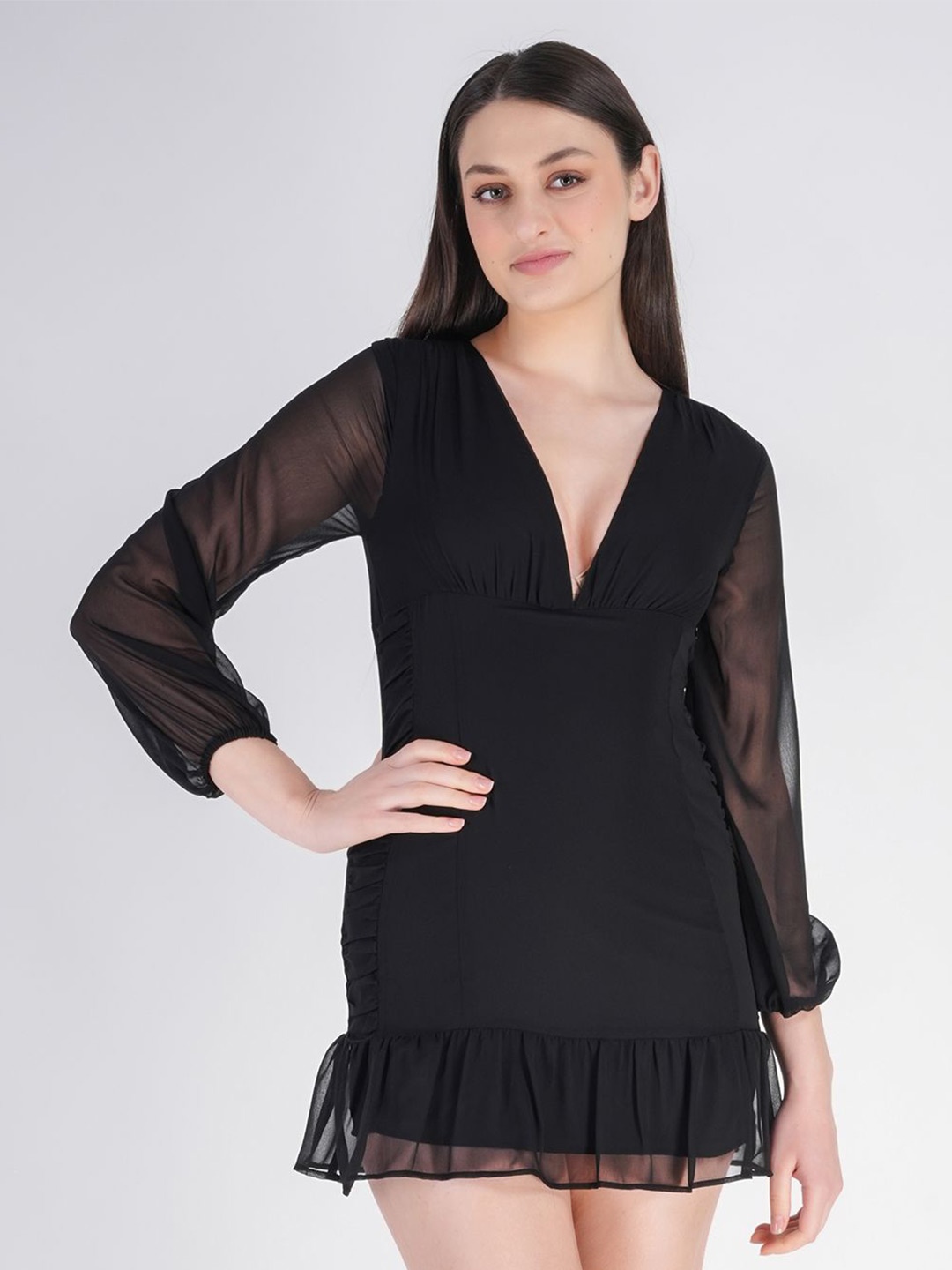 

BERIAMO Puff Sleeve Drop-Waist Mini Dress, Black