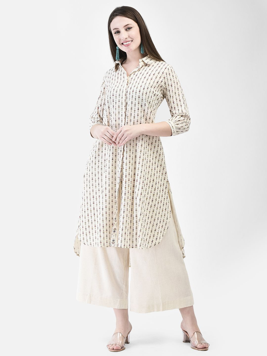 

Span Floral Printed Cotton Shirt Collar A-Line Kurta, White