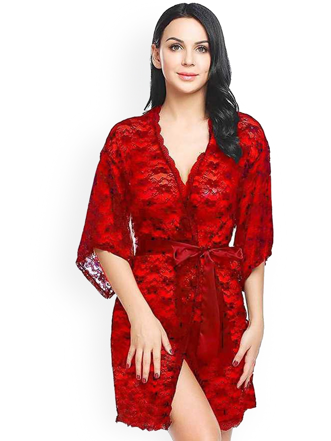 

chia fashions Self Design Net Baby Doll with Robe, Red