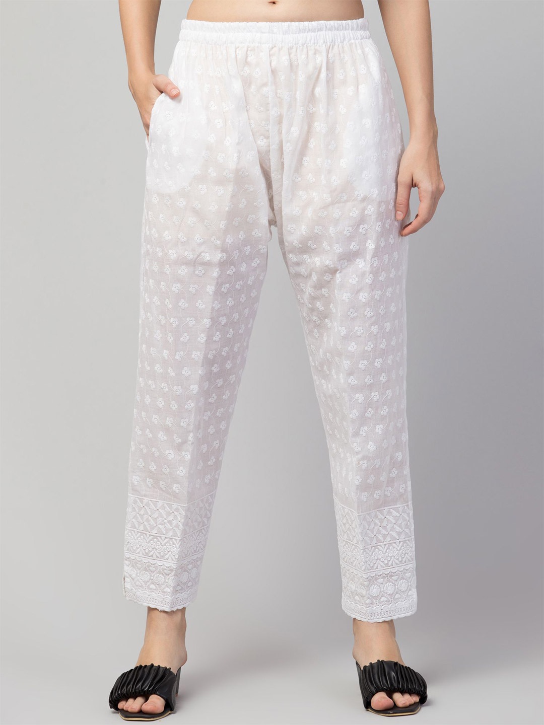 

FAMBEE Women Ethnic Motifs Embroidered Flared Knitted Palazzos, White