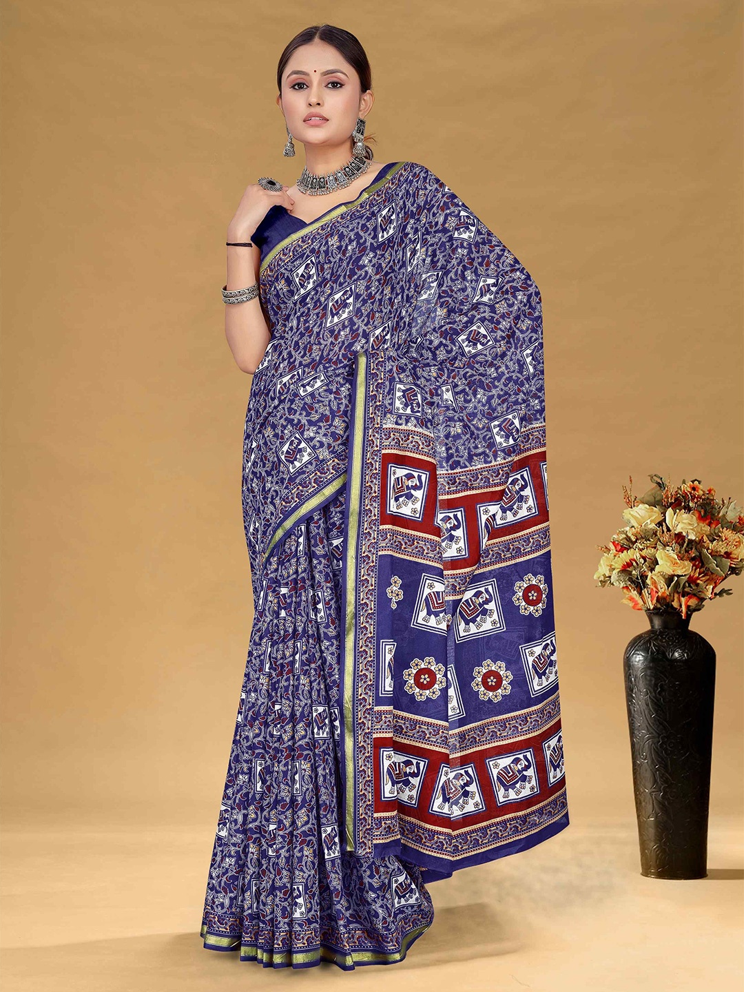 

HERE&NOW Ethnic Motifs Printed Pure Cotton Ikat Saree, Navy blue