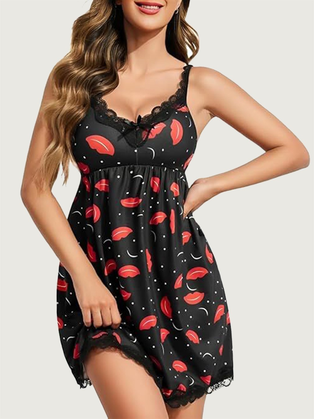 

chia fashions Women Printed Sleeveless Nightdress, Black