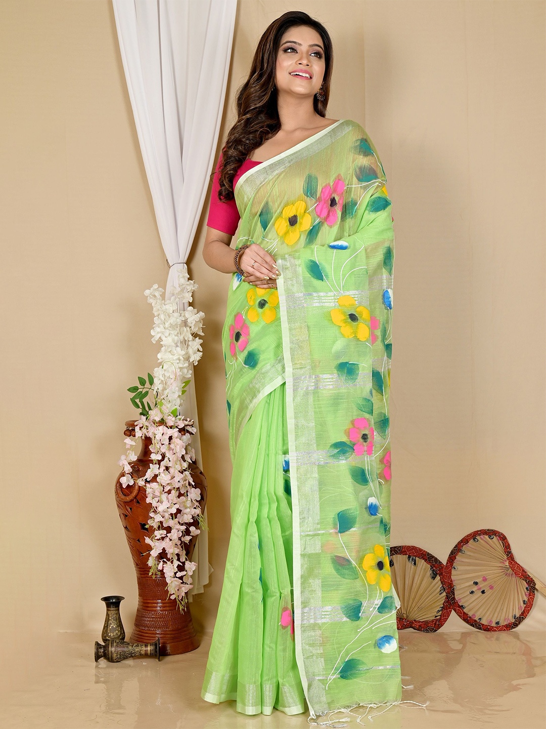 

PuJoy Floral Printed Saree, Green