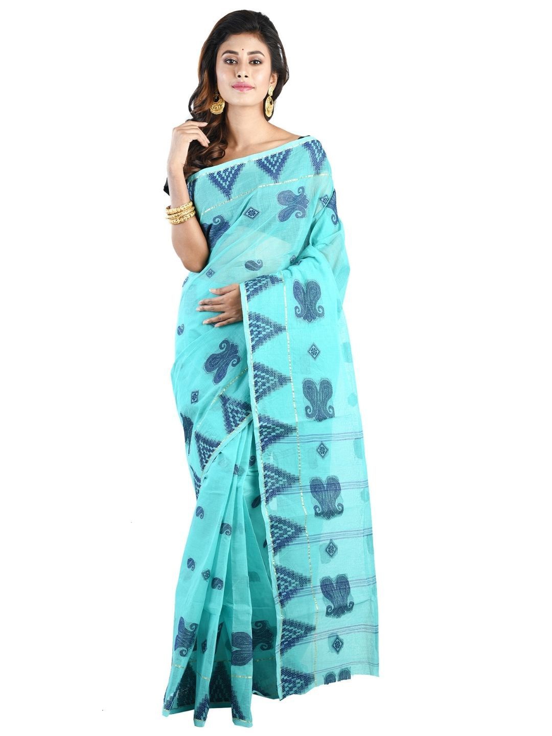 

RAJ SAREE HOUSE Woven Design Pure Cotton Jamdani Saree, Blue