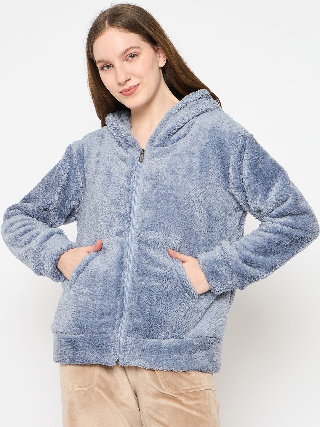 

Camey Women Hooded Fuzzy Sweatshirt, Blue