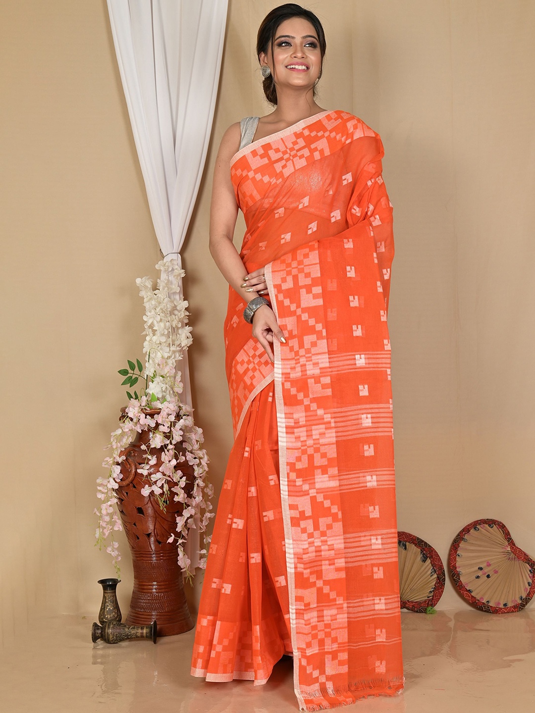 

PuJoy Woven Design Pure Cotton Taant Saree, Orange