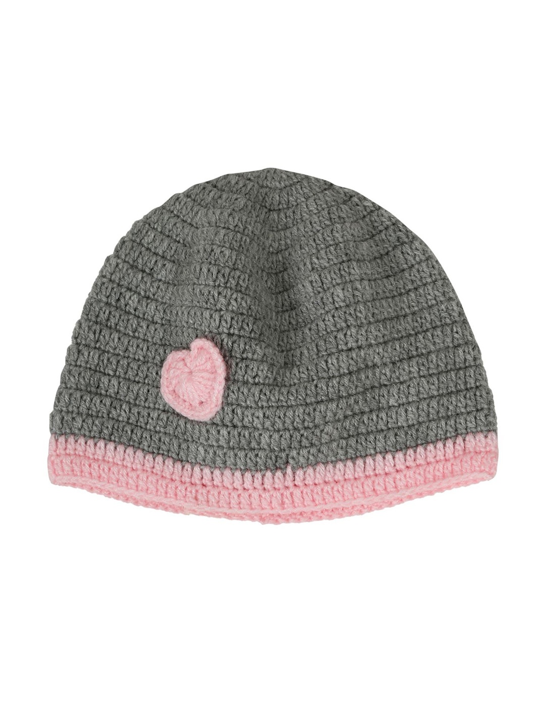 

LITTLE GINNIE Kids Grey & Pink Self Design Heart Crochet Woollen Beanie