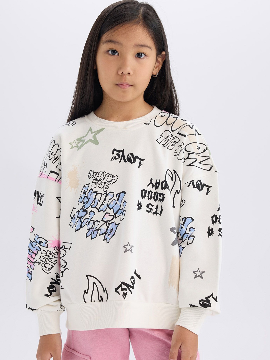 

DeFacto Girls Printed Round Neck Pullover Sweater, White