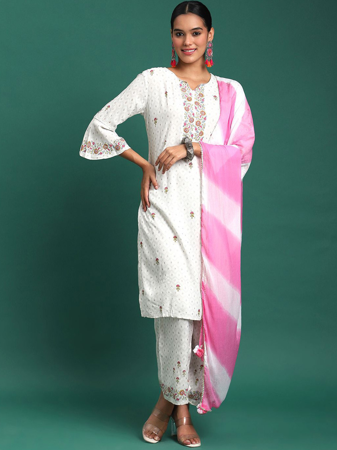 

Sangria White Floral Printed V-Neck Bell Sleeves Straight Kurta With Trousers And Dupatta