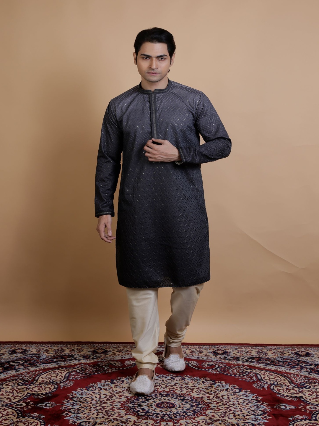 

KHAAS Woven Design Mandarin Collar Sequins Pure Cotton Straight Kurta, Black
