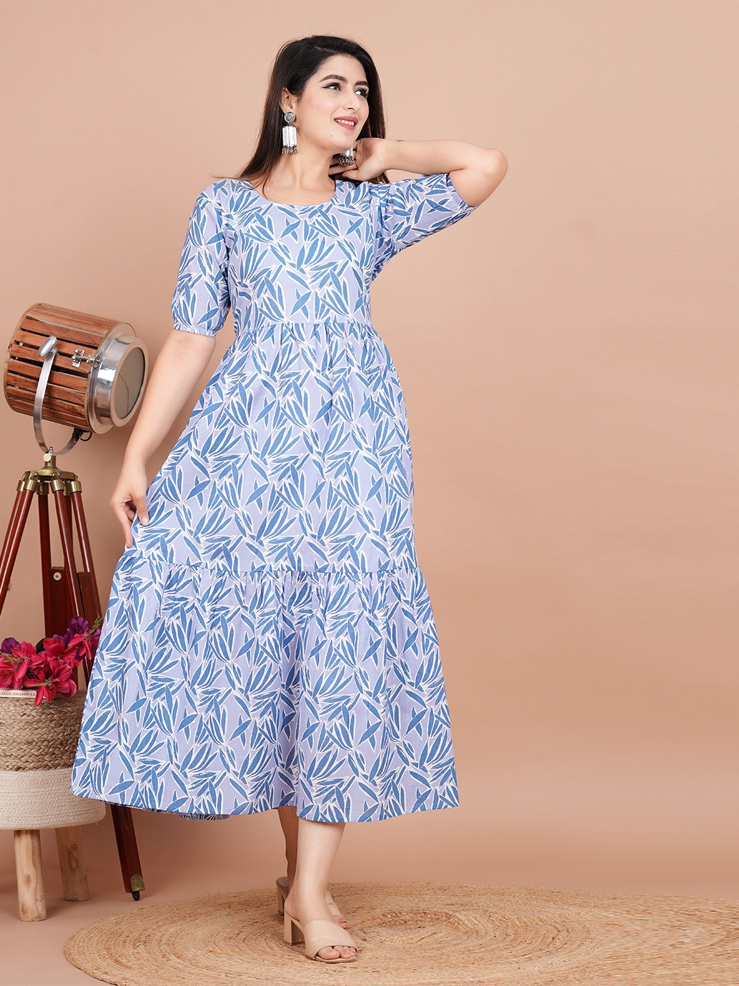 

Twirl Tales Women Cotton Floral Printed Fit and Flare Puff Sleeves Midi Dress, Blue