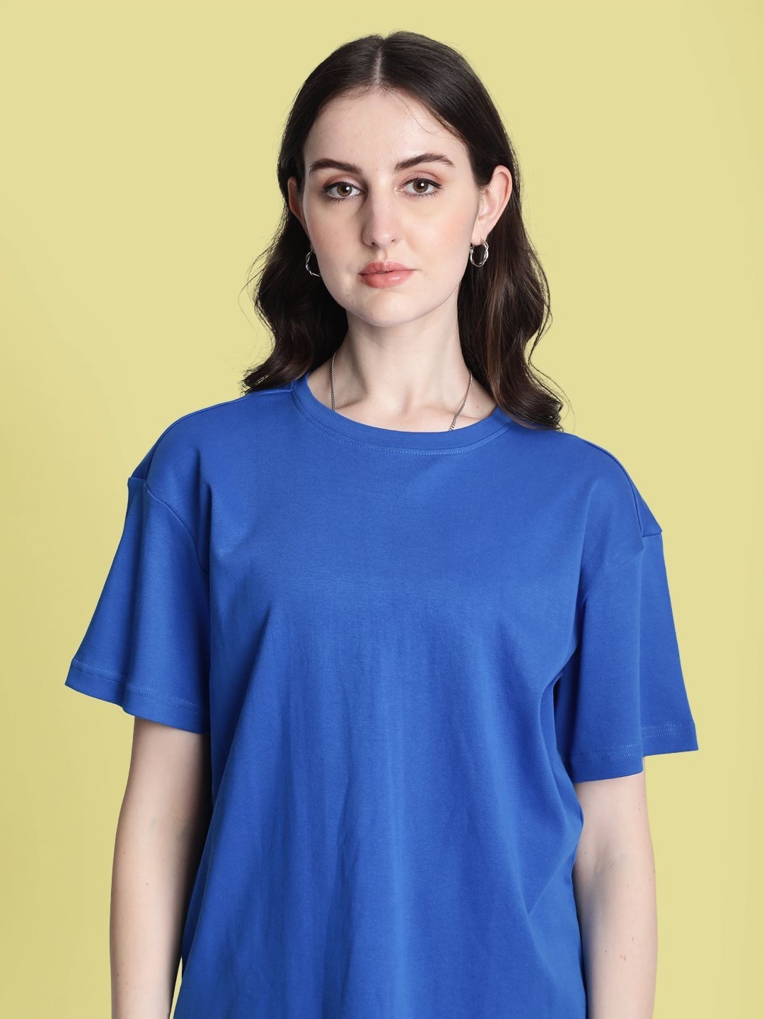 

Bene Kleed Women Solid Round Neck Cotton Oversized T-shirt, Blue