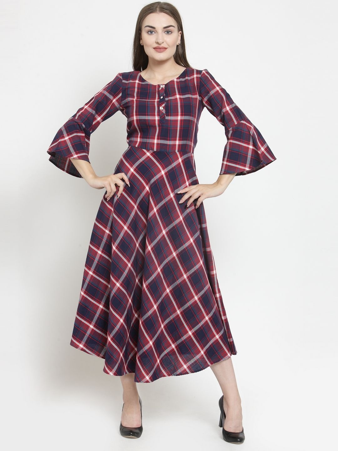 

Moda Rapido Women Checked Printed Bell Sleeve Fit & Flare Midi Cotton Dress, Navy blue