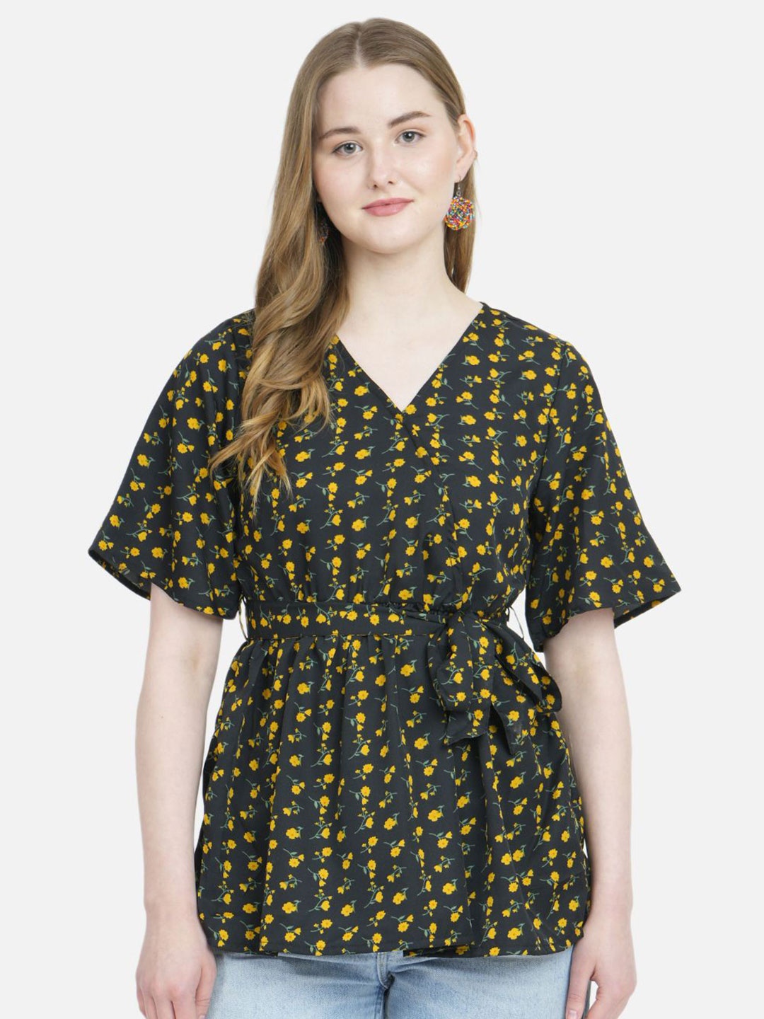 

MANKSH Women Geometric Print Cinched Waist Top, Green