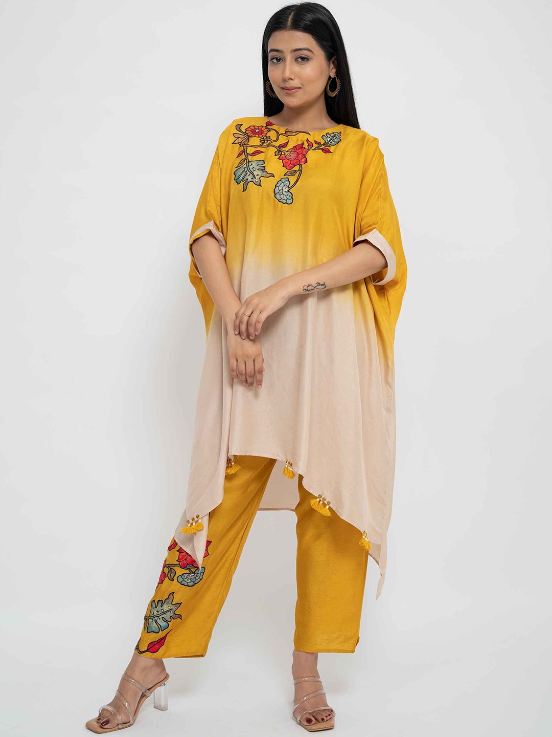 

AFFAIRE'S BY LEVELL5 Ombre Dyed Sequinned Dupion Silk Asymmetric Kaftan Kurta With Trouser, Yellow