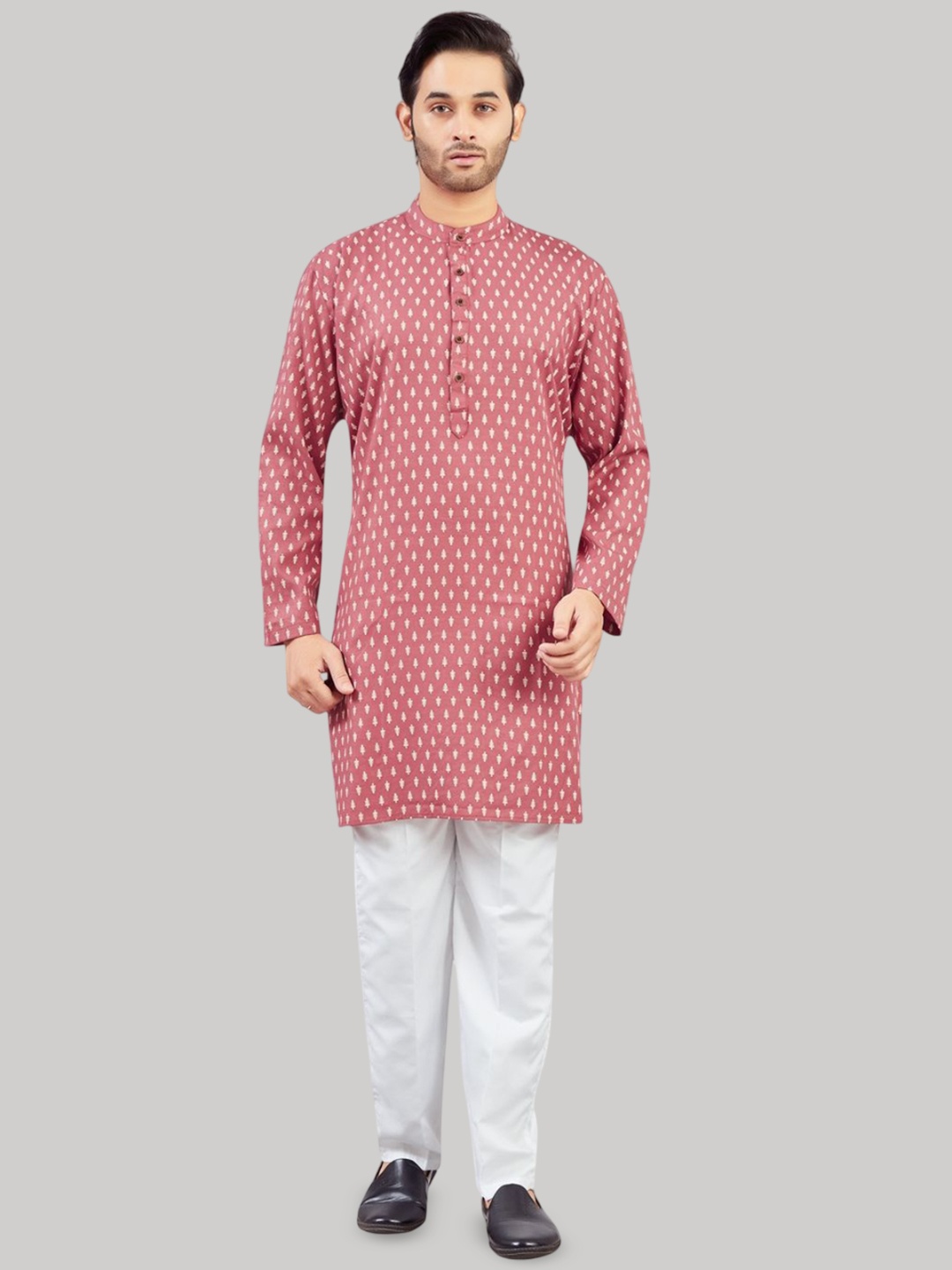 

Studio Shringaar Floral Printed Cotton Mandarin Collar Straight Kurta, Pink