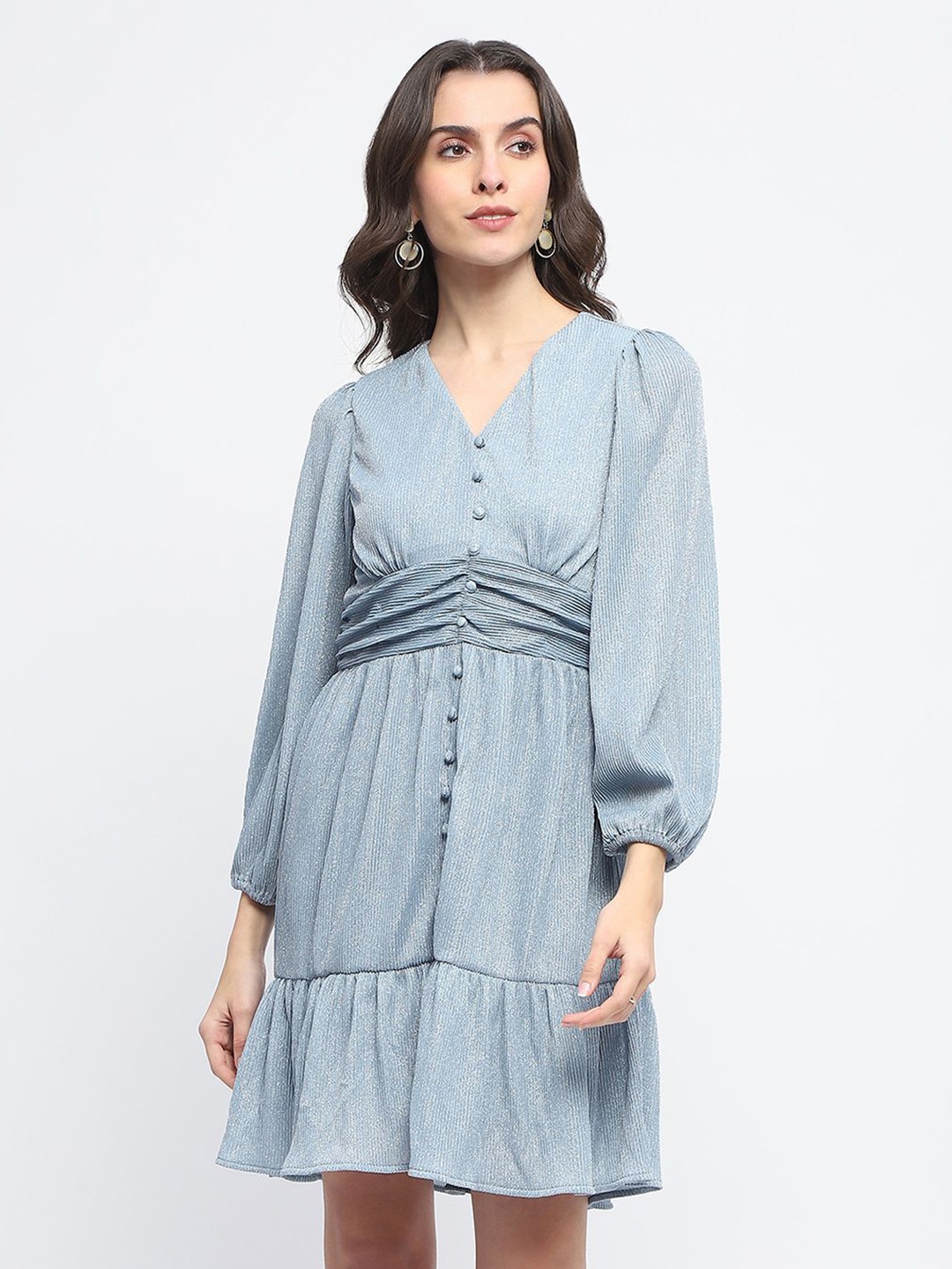 

Madame V-Neck Puff Sleeves Drop-Waist Dress, Blue