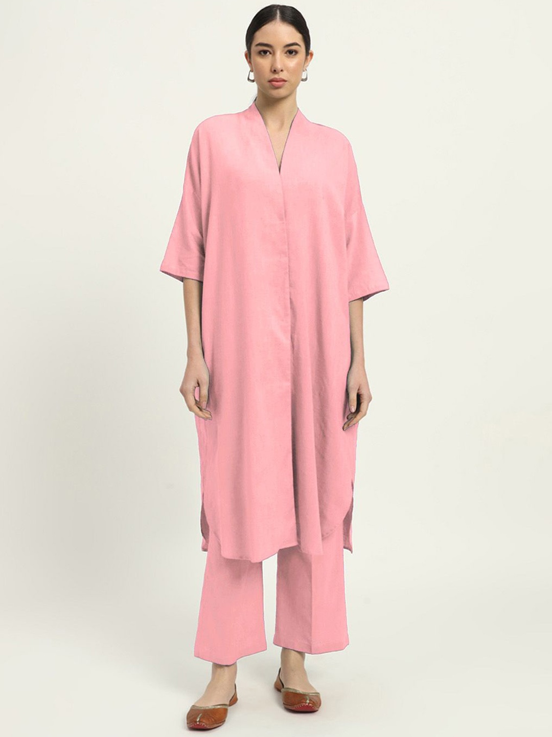 

Thevasa V-Neck Pure Cotton Straight Tunic With Trouser, Pink