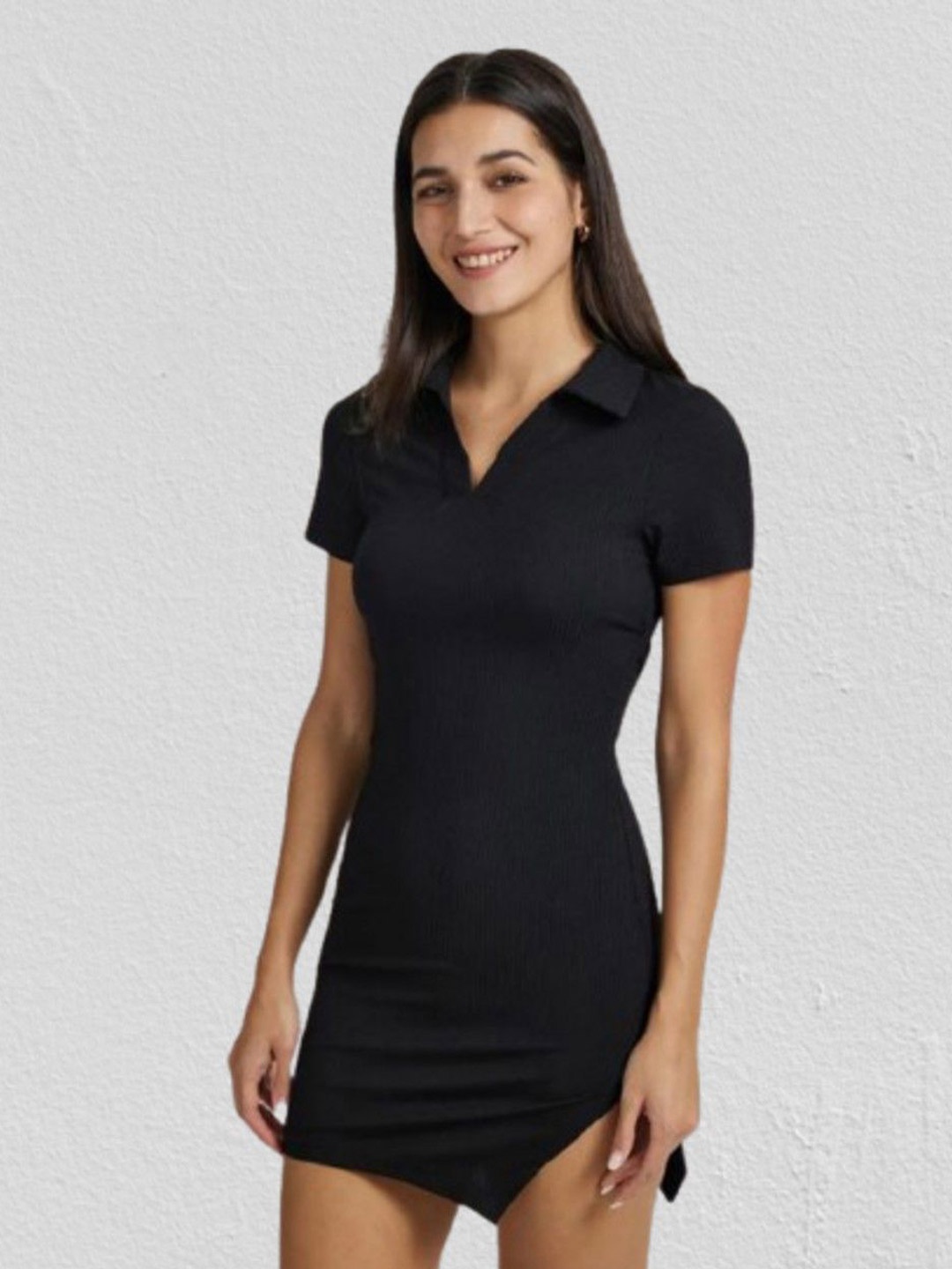 

CLAFOUTIS Shirt Collar Crepe Sheath Mini Dress With Cut-Outs, Black