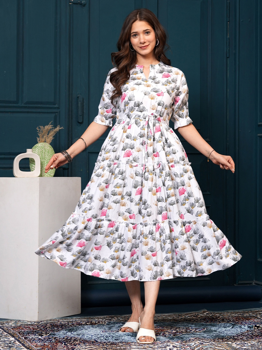 

Twirl Tales Floral Print A-Line Midi Dress, White