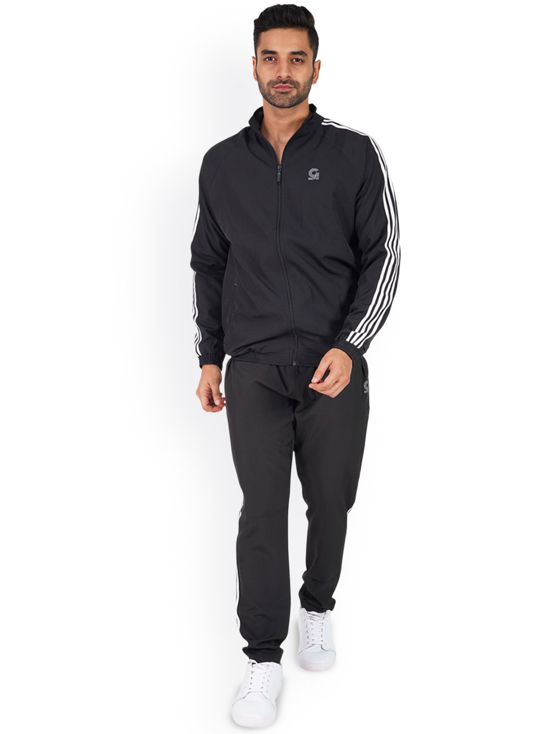 

GOTO Men Striped Mock Collar Mid-Rise Tracksuits, Black