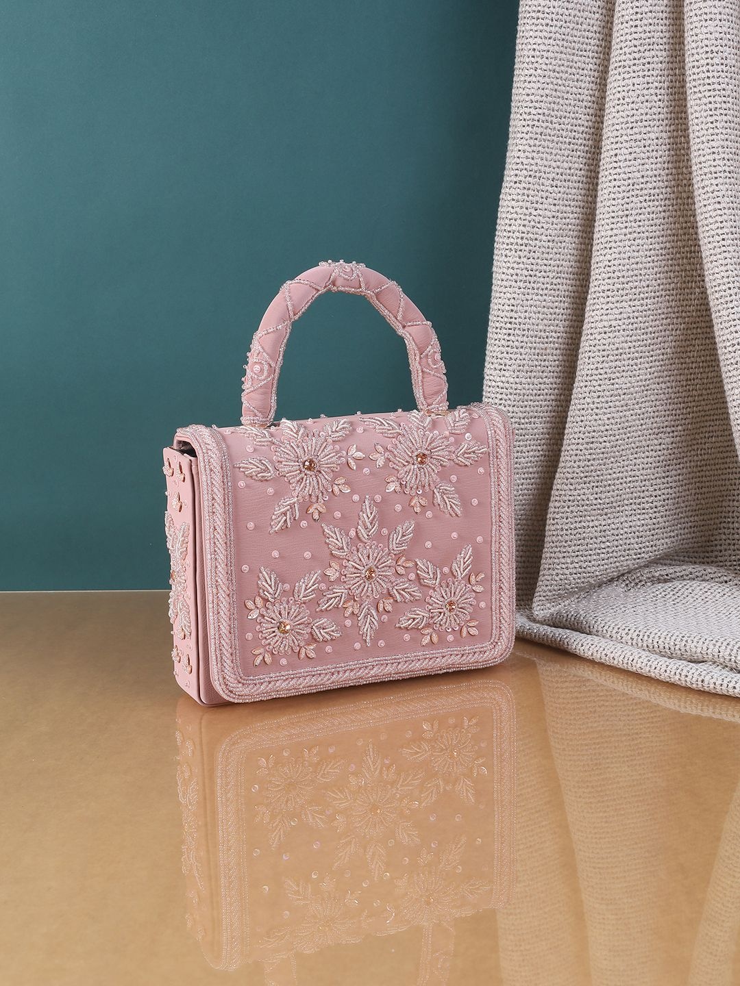 

Metro Embellished PU Structured Handheld Bag with Applique, Peach