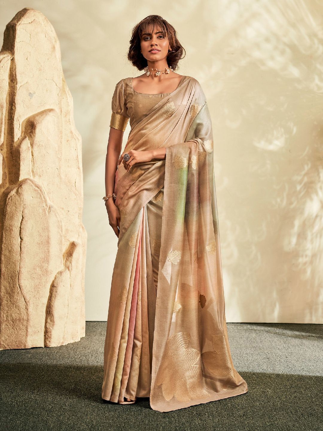 

Mitera Woven Design Zari Khadi Saree, Beige