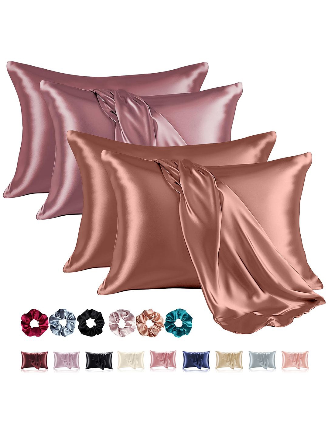 

Kuber Industries Copper-Toned & Rose 4 Pieces Soft Satin Rectangle Pillow Covers