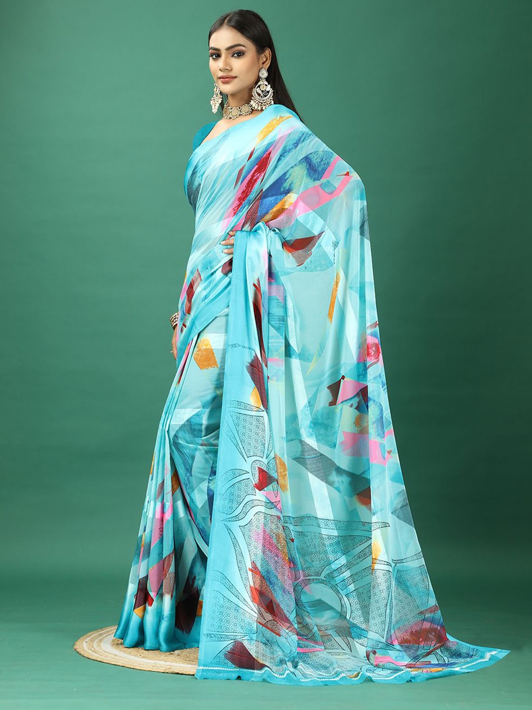 

NIRMAL CREATION Printed Satin Saree with Blouse Piece, Blue