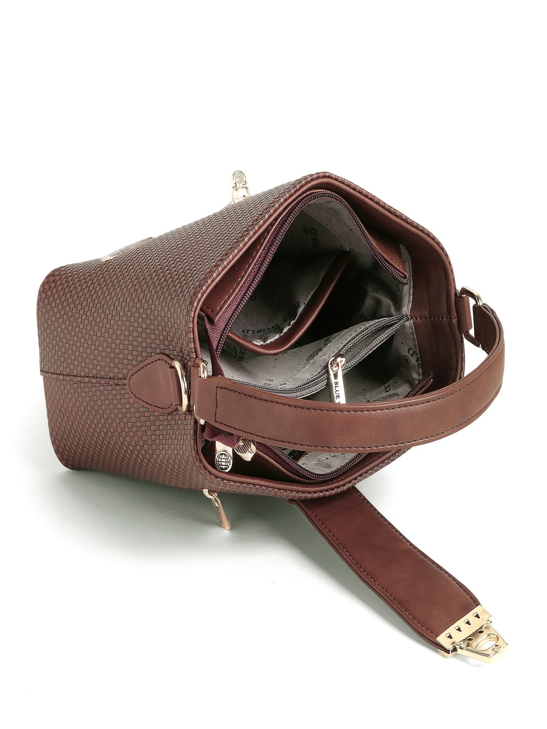 

BLUE WORLD Checked PU Sling Bag, Brown