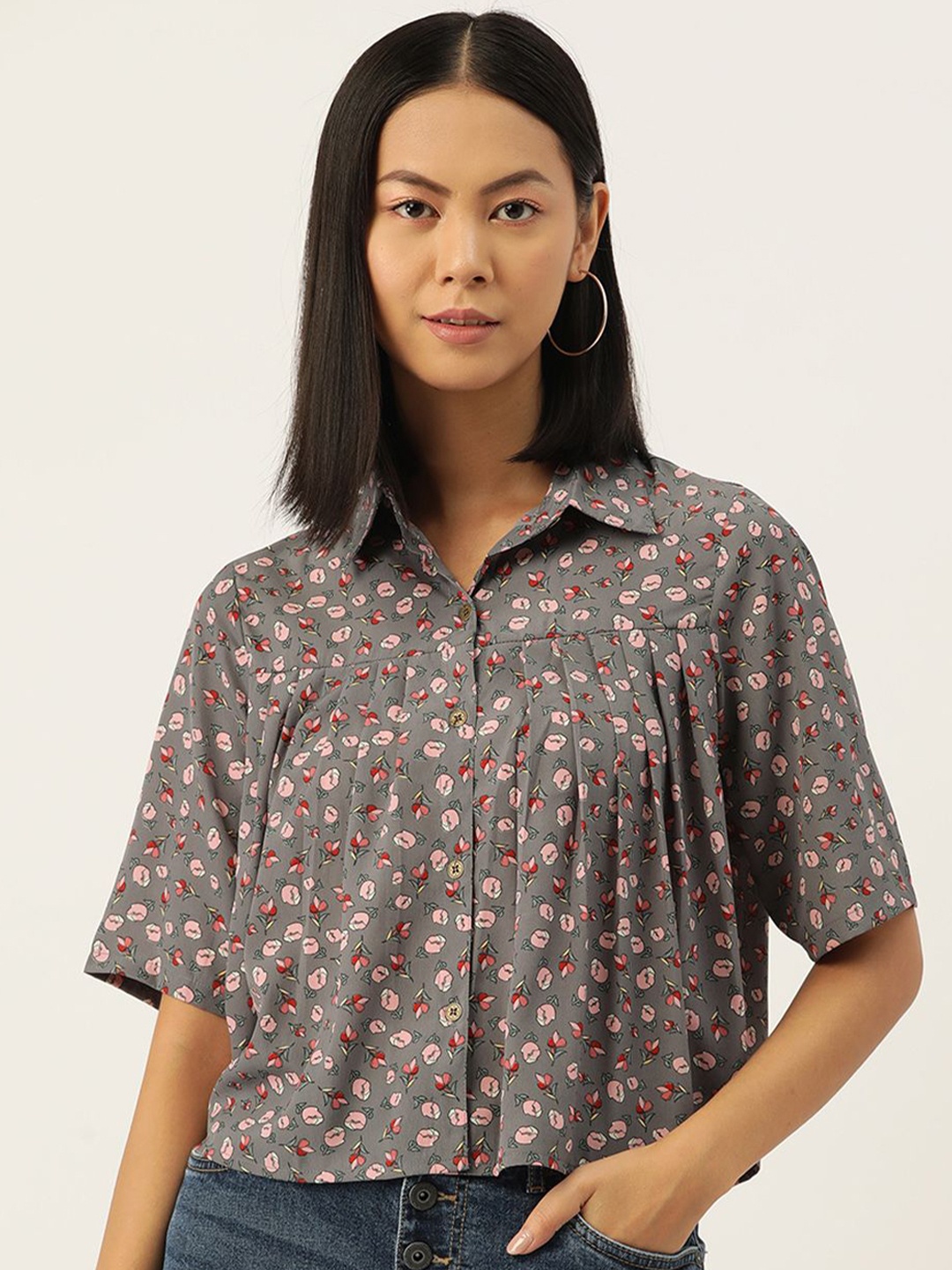 

Moda Rapido Women Floral Opaque Printed Party Shirt, Grey