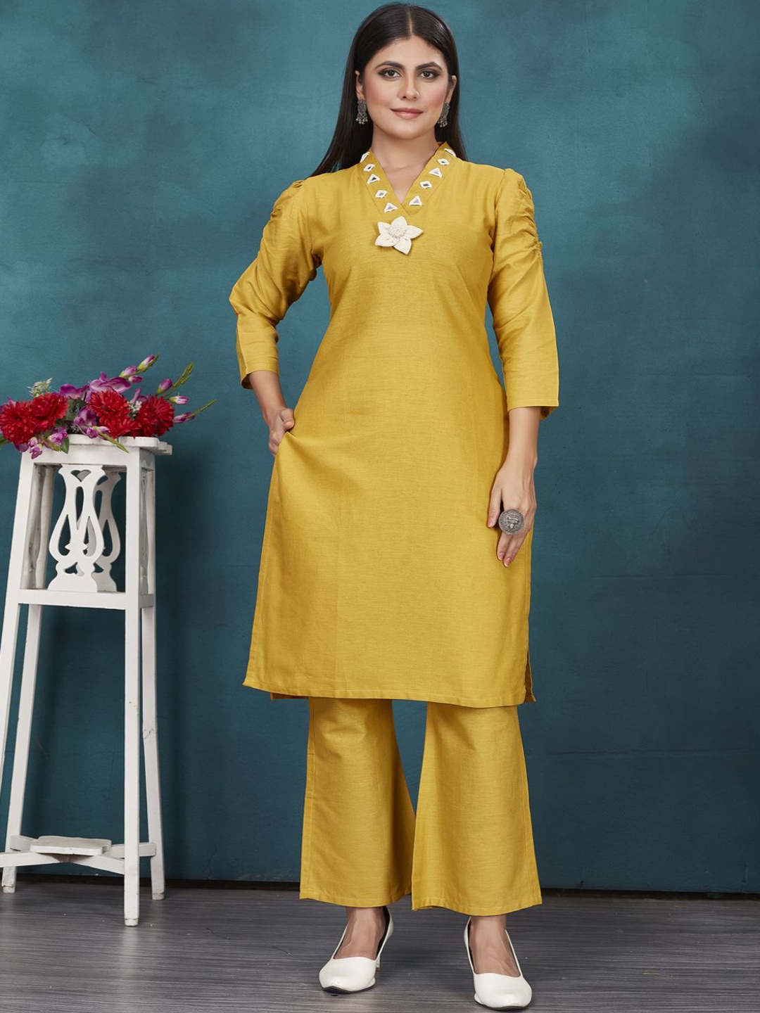 

STYLE SAMSARA V-Neck Mirror-Work Pure Cotton Tunic & Trousers, Yellow