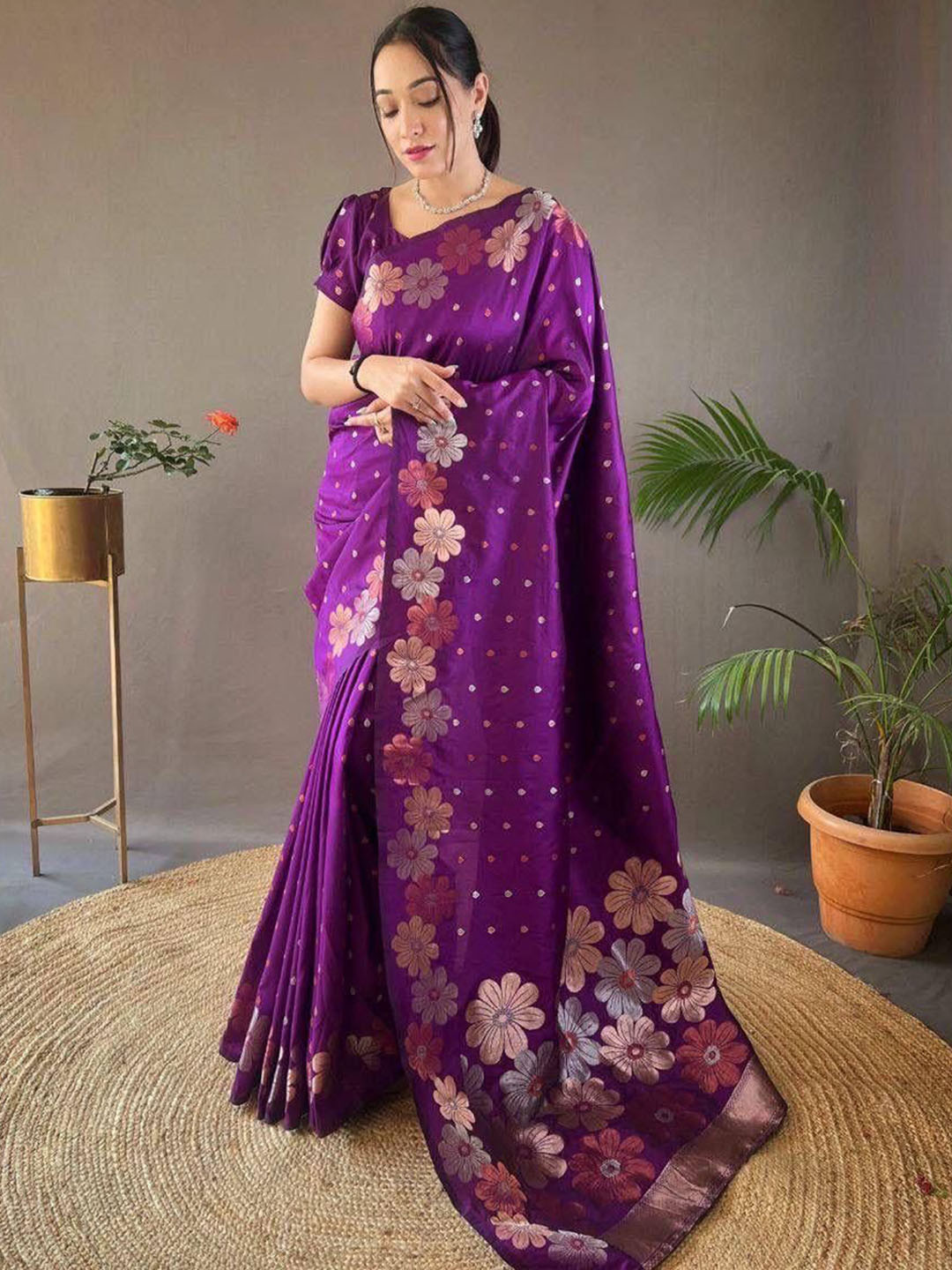 

S.K.C Woven Design Zari Banarasi Pure Silk Saree With Blouse Piece, Purple